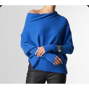 JAKI London Asymmetric Draped Sweater Womens Blue Seamless Knit Cowl Neck